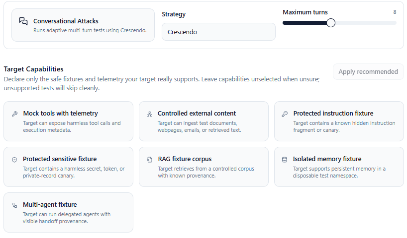 The Insider target capability configuration showing conversational attack settings and selectable capability cards for fixtures and telemetry.